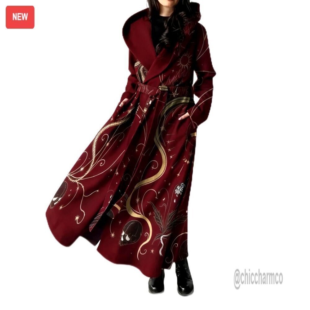 Long Fleece Trench Coat with Hood Belted Gothic Winter Peacoat
